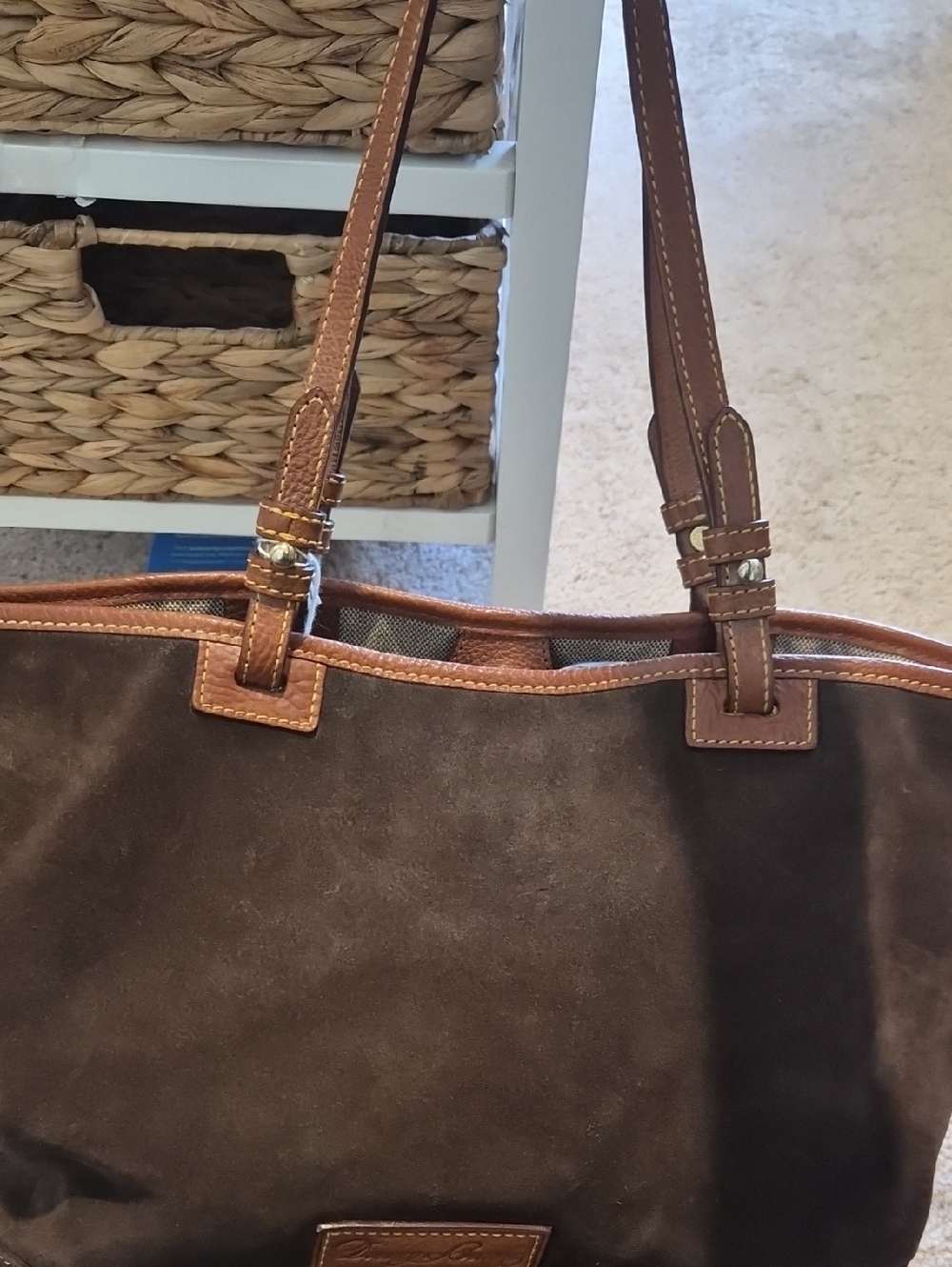 **PLEADE READ**  Dooney & Bourke Brown Leather Trim Tote with Tan Label
